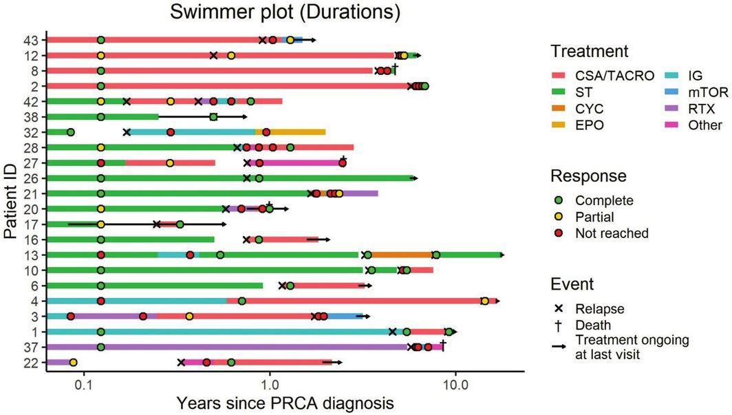 Swimmer's plot showing the course of immunosuppressive therapy, length of treatment and response in individual patients who experienced pure red cell aplasia relapses.