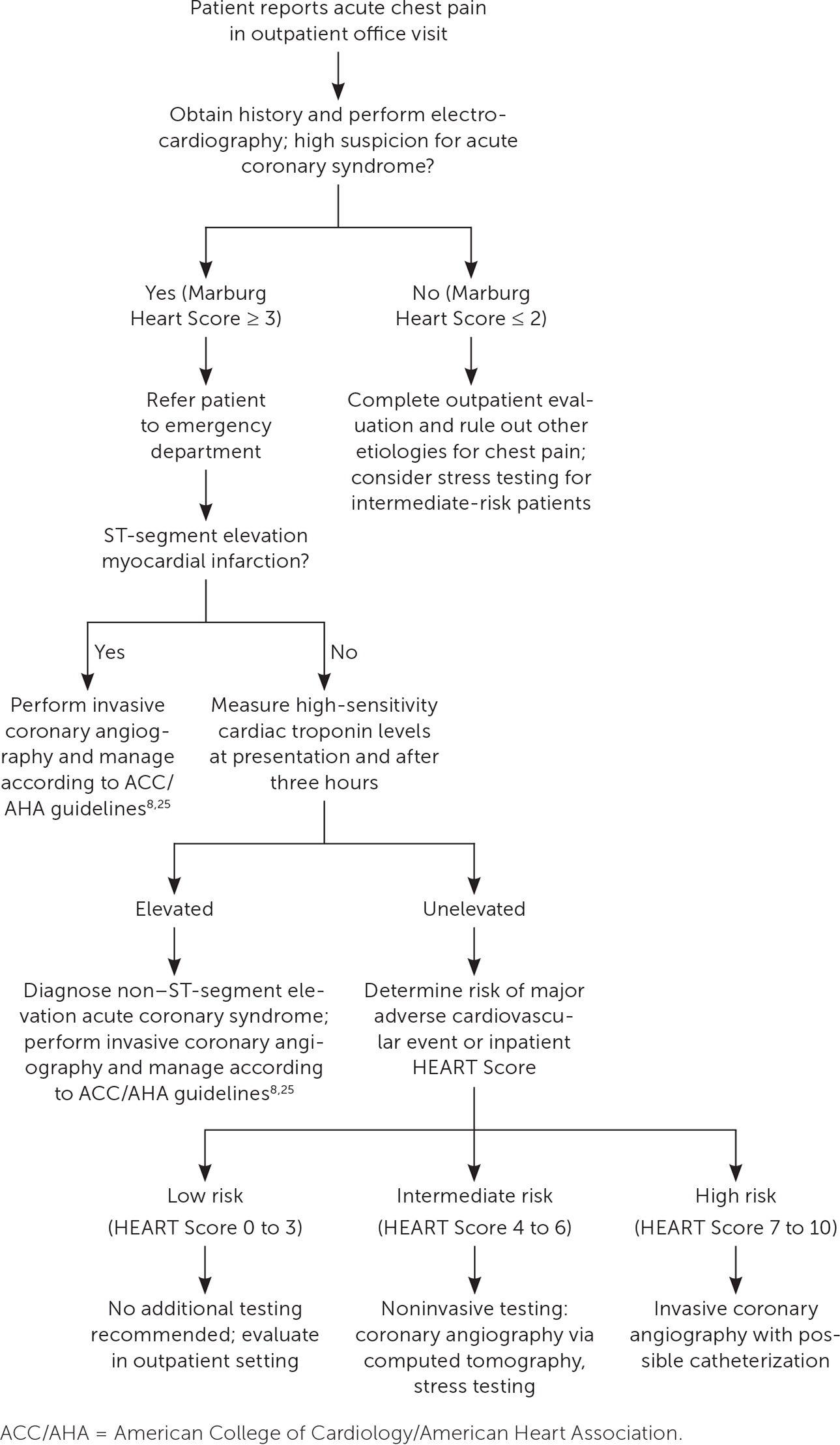 Evaluation for acute coronary syndrome. Information from references 8, 13, 14, and 25.