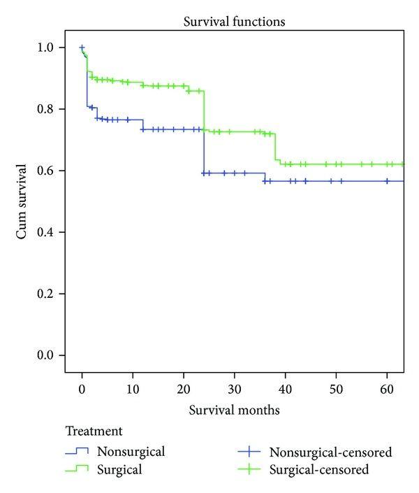 Kaplan‐Meier survival functions for included cases with surgically and nonsurgically treated odontoid fractures type II in the elderly ( n = 1284).