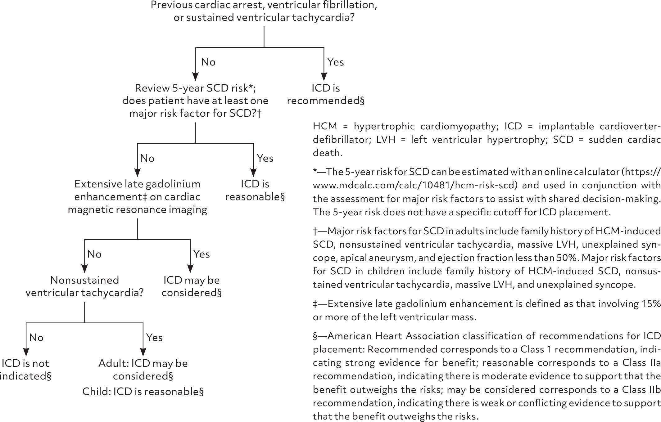 Algorithm for assessing ICD indication in patients with HCM. Information from reference 10.