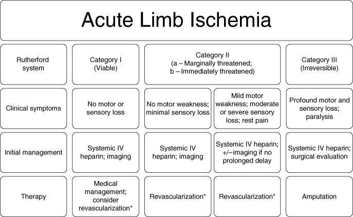 Rutherford classification and management of acute limb ischemia. *Endovascular, open surgical, or hybrid approach to revascularization selected by multidisciplinary team and guided by clinical scenario, Rutherford category, and non‐invasive imaging (as appropriate) .